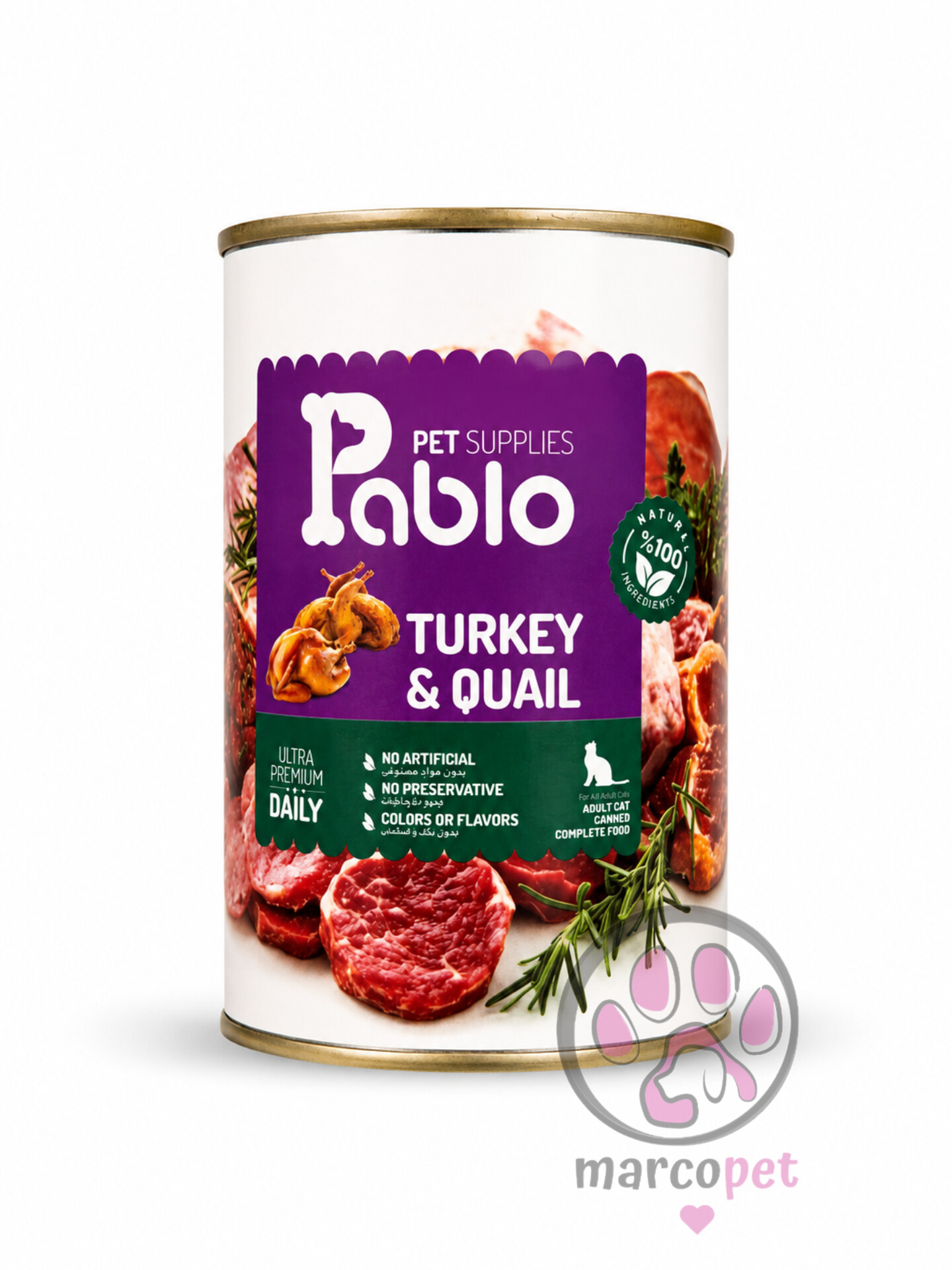 کنسرو غذای گربه پابلو (Pablo) طعم بوقلمون و بلدرچین ۴۳۰ گرمی