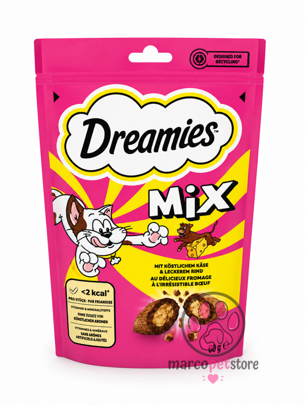 تشویقی گربه Dreamies دریمیز Mix با طعم پنیر و گوشت گاو ۶۰ گرم