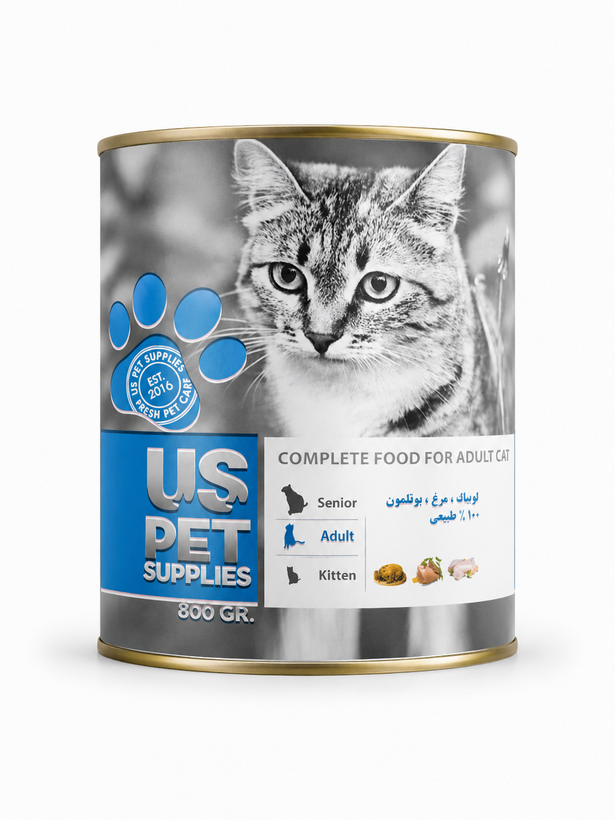 کنسرو گربه بالغ یو اس پت طعم گوشت گوساله، مرغ و بوقلمون وزن ۸۰۰ گرم مشخصات